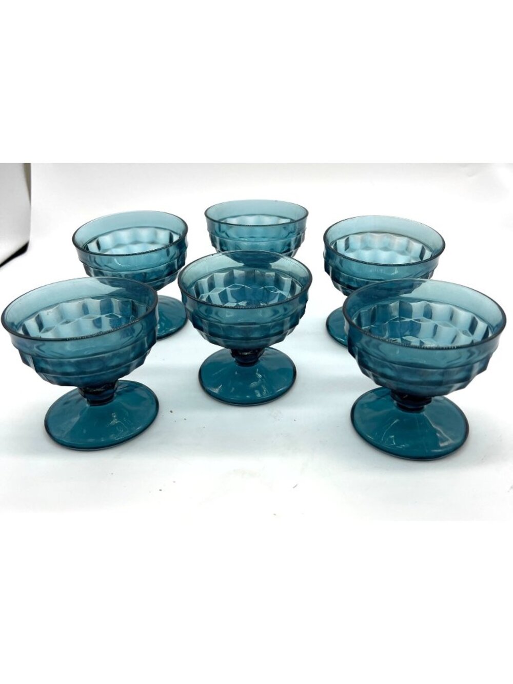 Set Of 6 Vintage Blue Glass Dessert Cups With Textured Pattern And Pedestal Base